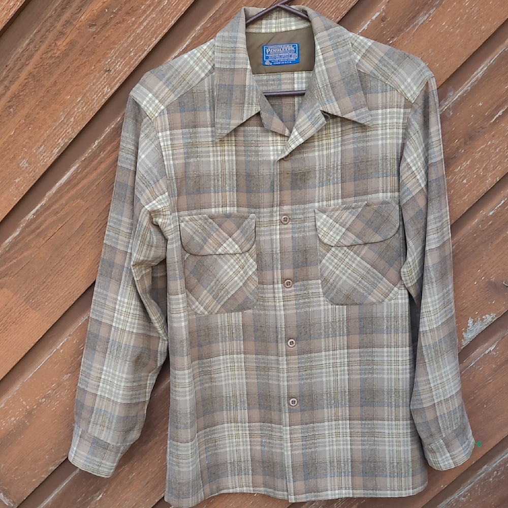 NWOT Vintage 1960's Pendleton Wool Board Button Up Tan,Gray, Cream Plaid Shirt